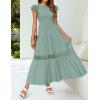 imageZESICA Womens Casual Crew Neck Flutter Sleeve Smocked High Waist Hollow Out Lace Trim Tiered A Line Midi DressSage