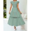 imageZESICA Womens Casual Crew Neck Flutter Sleeve Smocked High Waist Hollow Out Lace Trim Tiered A Line Midi DressSage