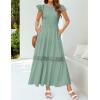 imageZESICA Womens Casual Crew Neck Flutter Sleeve Smocked High Waist Hollow Out Lace Trim Tiered A Line Midi DressSage