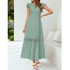imageZESICA Womens Casual Crew Neck Flutter Sleeve Smocked High Waist Hollow Out Lace Trim Tiered A Line Midi DressSage
