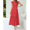 imageZESICA Womens Casual Crew Neck Flutter Sleeve Smocked High Waist Hollow Out Lace Trim Tiered A Line Midi DressWatermelon