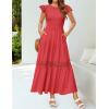 imageZESICA Womens Casual Crew Neck Flutter Sleeve Smocked High Waist Hollow Out Lace Trim Tiered A Line Midi DressWatermelon