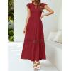 imageZESICA Womens Casual Crew Neck Flutter Sleeve Smocked High Waist Hollow Out Lace Trim Tiered A Line Midi DressWine
