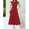 imageZESICA Womens Casual Crew Neck Flutter Sleeve Smocked High Waist Hollow Out Lace Trim Tiered A Line Midi DressWine