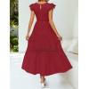 imageZESICA Womens Casual Crew Neck Flutter Sleeve Smocked High Waist Hollow Out Lace Trim Tiered A Line Midi DressWine