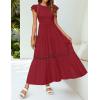 imageZESICA Womens Casual Crew Neck Flutter Sleeve Smocked High Waist Hollow Out Lace Trim Tiered A Line Midi DressWine