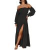 imageZESICA Womens 2025 Boho Sexy Off Shoulder Long Sleeve Smocked High Waist Side Split Flowy A Line Tiered Long Maxi DressDark Black