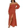imageZESICA Womens 2025 Boho Sexy Off Shoulder Long Sleeve Smocked High Waist Side Split Flowy A Line Tiered Long Maxi DressRust