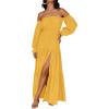 imageZESICA Womens 2025 Boho Sexy Off Shoulder Long Sleeve Smocked High Waist Side Split Flowy A Line Tiered Long Maxi DressYellow