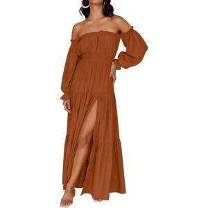 imageZESICA Womens 2025 Boho Sexy Off Shoulder Long Sleeve Smocked High Waist Side Split Flowy A Line Tiered Long Maxi DressCaramel