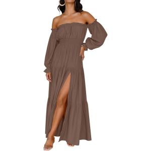 imageZESICA Womens 2025 Boho Sexy Off Shoulder Long Sleeve Smocked High Waist Side Split Flowy A Line Tiered Long Maxi DressCoffee