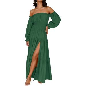 imageZESICA Womens 2025 Boho Sexy Off Shoulder Long Sleeve Smocked High Waist Side Split Flowy A Line Tiered Long Maxi DressDark Green