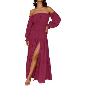 imageZESICA Womens 2025 Boho Sexy Off Shoulder Long Sleeve Smocked High Waist Side Split Flowy A Line Tiered Long Maxi DressFuchsia