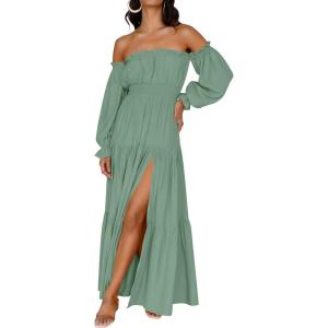 imageZESICA Womens 2025 Boho Sexy Off Shoulder Long Sleeve Smocked High Waist Side Split Flowy A Line Tiered Long Maxi DressGreen