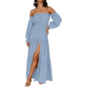 imageZESICA Womens 2025 Boho Sexy Off Shoulder Long Sleeve Smocked High Waist Side Split Flowy A Line Tiered Long Maxi DressLight Blue