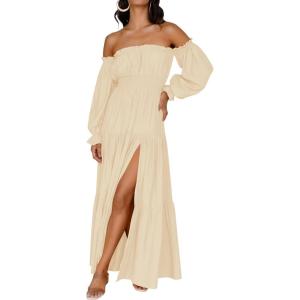 imageZESICA Womens 2025 Boho Sexy Off Shoulder Long Sleeve Smocked High Waist Side Split Flowy A Line Tiered Long Maxi DressLight Yellow