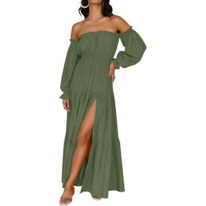 imageZESICA Womens 2025 Boho Sexy Off Shoulder Long Sleeve Smocked High Waist Side Split Flowy A Line Tiered Long Maxi DressOlive