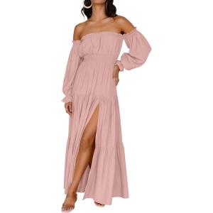 imageZESICA Womens 2025 Boho Sexy Off Shoulder Long Sleeve Smocked High Waist Side Split Flowy A Line Tiered Long Maxi DressPink