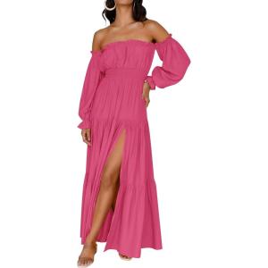 imageZESICA Womens 2025 Boho Sexy Off Shoulder Long Sleeve Smocked High Waist Side Split Flowy A Line Tiered Long Maxi DressRose