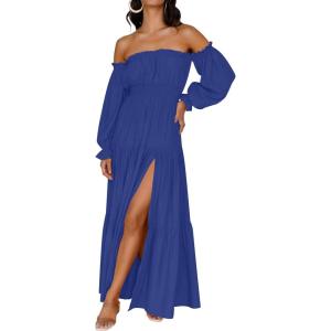 imageZESICA Womens 2025 Boho Sexy Off Shoulder Long Sleeve Smocked High Waist Side Split Flowy A Line Tiered Long Maxi DressRoyal Blue