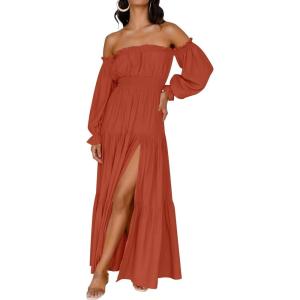 imageZESICA Womens 2025 Boho Sexy Off Shoulder Long Sleeve Smocked High Waist Side Split Flowy A Line Tiered Long Maxi DressRust