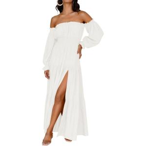imageZESICA Womens 2025 Boho Sexy Off Shoulder Long Sleeve Smocked High Waist Side Split Flowy A Line Tiered Long Maxi DressWhite