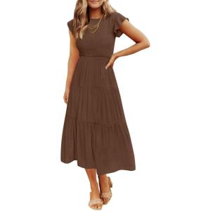 imageZESICA Womens 2025 Summer Casual Flutter Short Sleeve Crew Neck Smocked Elastic Waist Tiered Midi DressCoffee