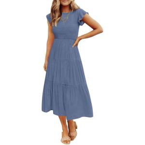 imageZESICA Womens 2025 Summer Casual Flutter Short Sleeve Crew Neck Smocked Elastic Waist Tiered Midi DressDusty Blue