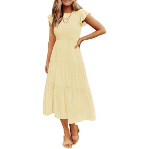 imageZESICA Womens 2025 Summer Casual Flutter Short Sleeve Crew Neck Smocked Elastic Waist Tiered Midi DressLight Yellow
