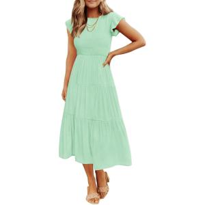imageZESICA Womens 2025 Summer Casual Flutter Short Sleeve Crew Neck Smocked Elastic Waist Tiered Midi DressMint