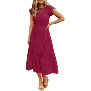 imageZESICA Womens 2025 Summer Casual Flutter Short Sleeve Crew Neck Smocked Elastic Waist Tiered Midi DressPlum