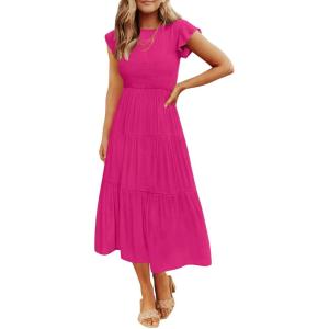 imageZESICA Womens 2025 Summer Casual Flutter Short Sleeve Crew Neck Smocked Elastic Waist Tiered Midi DressRose