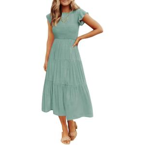 imageZESICA Womens 2025 Summer Casual Flutter Short Sleeve Crew Neck Smocked Elastic Waist Tiered Midi DressSage