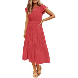 imageZESICA Womens 2025 Summer Casual Flutter Short Sleeve Crew Neck Smocked Elastic Waist Tiered Midi DressWatermelonred