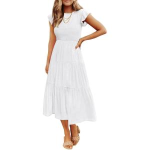imageZESICA Womens 2025 Summer Casual Flutter Short Sleeve Crew Neck Smocked Elastic Waist Tiered Midi DressWhite