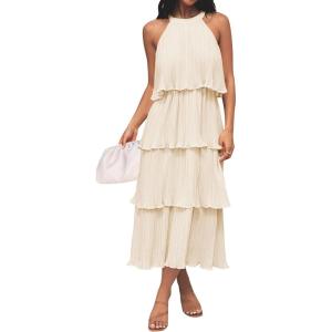 imageZESICA Womens 2025 Summer Sleeveless Halter Neck Ruffle Tiered Layed Chiffon Flowy Swing Long Midi DressApricot