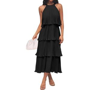imageZESICA Womens 2025 Summer Sleeveless Halter Neck Ruffle Tiered Layed Chiffon Flowy Swing Long Midi DressDarkblack