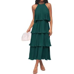 imageZESICA Womens 2025 Summer Sleeveless Halter Neck Ruffle Tiered Layed Chiffon Flowy Swing Long Midi DressDarkgreen