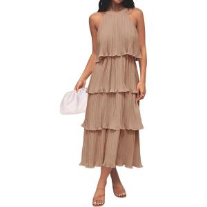 imageZESICA Womens 2025 Summer Sleeveless Halter Neck Ruffle Tiered Layed Chiffon Flowy Swing Long Midi DressKhaki