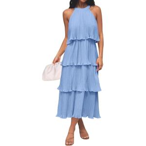 imageZESICA Womens 2025 Summer Sleeveless Halter Neck Ruffle Tiered Layed Chiffon Flowy Swing Long Midi DressLightblue