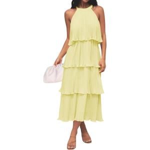 imageZESICA Womens 2025 Summer Sleeveless Halter Neck Ruffle Tiered Layed Chiffon Flowy Swing Long Midi DressLightyellow