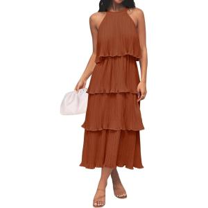 imageZESICA Womens 2025 Summer Sleeveless Halter Neck Ruffle Tiered Layed Chiffon Flowy Swing Long Midi DressMaple