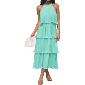imageZESICA Womens 2025 Summer Sleeveless Halter Neck Ruffle Tiered Layed Chiffon Flowy Swing Long Midi DressMint