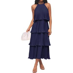 imageZESICA Womens 2025 Summer Sleeveless Halter Neck Ruffle Tiered Layed Chiffon Flowy Swing Long Midi DressNavy