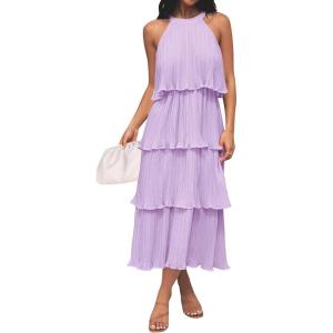 imageZESICA Womens 2025 Summer Sleeveless Halter Neck Ruffle Tiered Layed Chiffon Flowy Swing Long Midi DressPurple