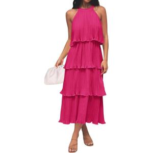 imageZESICA Womens 2025 Summer Sleeveless Halter Neck Ruffle Tiered Layed Chiffon Flowy Swing Long Midi DressRose