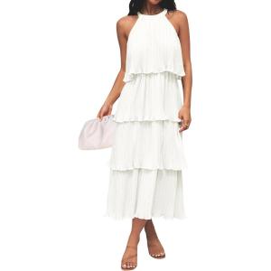 imageZESICA Womens 2025 Summer Sleeveless Halter Neck Ruffle Tiered Layed Chiffon Flowy Swing Long Midi DressWhite