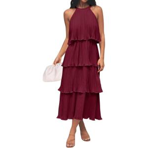 imageZESICA Womens 2025 Summer Sleeveless Halter Neck Ruffle Tiered Layed Chiffon Flowy Swing Long Midi DressWine