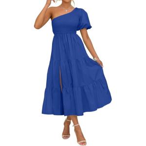 imageZESICA Womens Boho Summer One Shoulder Short Sleeve Smocked Side Split Ruffle Swing Midi DressBlue
