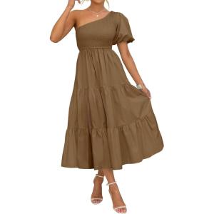 imageZESICA Womens Boho Summer One Shoulder Short Sleeve Smocked Side Split Ruffle Swing Midi DressBrown